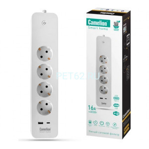Camelion Smart Home SZD/SH/4х1,5/WIFI (Сетевой фильтр 4гн.1,5м.,16A 4000В, USB+Type-С, WiFi+Счетчик)