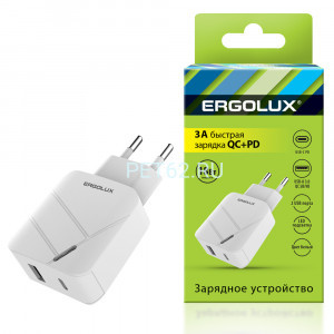 Сетевой адаптер Ergolux ELX-РA01QC-C01 (Зарядка 18Вт 1USB+1Type C, 100-220В, 5-9V/3А, QC, Белый, Коробка)