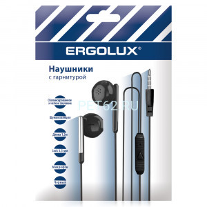 Наушники вкладыши с микрофоном проводные Ergolux ELX-WHP01P-C02 ПРОМО (Наушники вкладыши с микрофоном проводные, 3.5мм, 1,2м, Черные, Пакет)