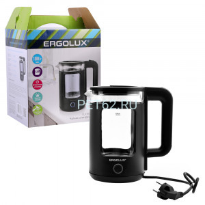 Чайник электрический Ergolux ELX-KG08-C02 черный (чайник стекло/пластик 1,8л, 220-240В, 1800 Вт)
