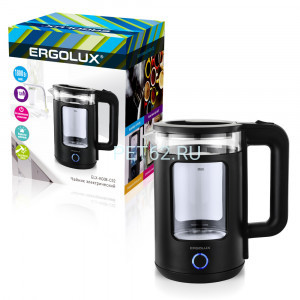 Чайник электрический Ergolux ELX-KG08-C02 черный (чайник стекло/пластик 1,8л, 220-240В, 1800 Вт)