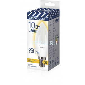 Светодиодная лампа Ergolux LED-C35-10W-E14-3K (Эл.лампа светодиодная Свеча 10Вт E14 3000K 220-240В ПРОМО)