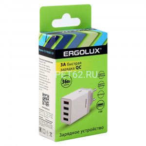 Сетевой адаптер Ergolux ELX-РA02QC-C01 (Зарядка 36Вт 4USB, 100-220В, 5-9V/3А, 1QC+3/3А, Белый, Коробка)