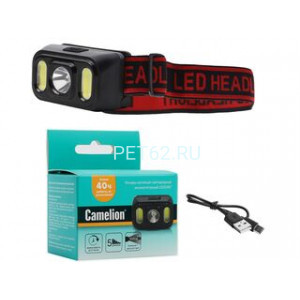 Фонарь налобный Camelion LED53417 (фонарь налоб, акк 3,7В, черный, XPE+2 x COB, 3 Вт, 5 реж, Type-C, бокс)
