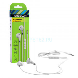 Наушники вкладыши с микрофоном проводные Ergolux ELX-WHP01-C01 (Наушники вкладыши с микрофоном проводные, 3.5мм, 1,2м, Белые, Коробка)