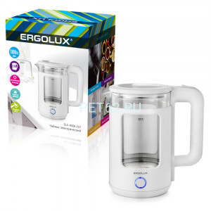 Чайник электрический Ergolux ELX-KG08-C01 белый (чайник стекло/пластик 1,8л, 220-240В, 1800 Вт)