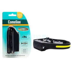 Фонарь налобный Camelion LED5383  (фонарь налобн, черный, лента  каучук. COB+LED, 4 реж, 3XAAA, пласт, рези, блист.)