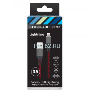 Кабель Ergolux ELX-CDC09-C43 (Кабель USB-Lightning, 3А, 1,5м, Черный-красный, Ткань, Зарядка+ПД, Коробка)