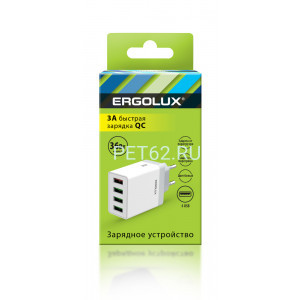 Сетевой адаптер Ergolux ELX-РA02QC-C01 (Зарядка 36Вт 4USB, 100-220В, 5-9V/3А, 1QC+3/3А, Белый, Коробка)