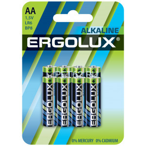 Батарейка алкалиновая Ergolux Alkaline BL8 LR6  (LR6 BP8, пальчиковая батарейка АА 1.5В)