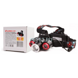 Светодиодный налобный фонарь Ultraflash LED5334  (фонарь налоб акк 3,7В, черн., 3LED, 5 Вт, фокус, 2 ак. 4 реж, USB,  бокс са)