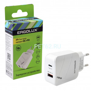 Сетевой адаптер Ergolux ELX-РA01QC-C01 (Зарядка 18Вт 1USB+1Type C, 100-220В, 5-9V/3А, QC, Белый, Коробка)