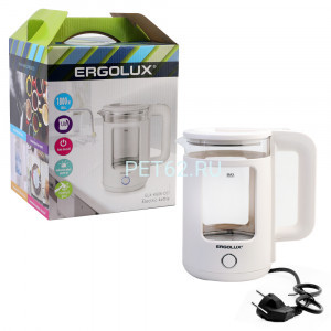 Чайник электрический Ergolux ELX-KG08-C01 белый (чайник стекло/пластик 1,8л, 220-240В, 1800 Вт)