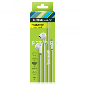 Наушники вкладыши с микрофоном проводные Ergolux ELX-WHP01-C01 (Наушники вкладыши с микрофоном проводные, 3.5мм, 1,2м, Белые, Коробка)