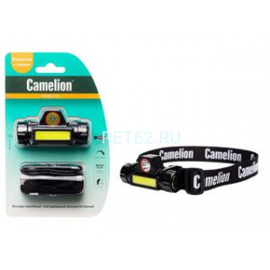 Фонарь налобный Camelion LED53405 (фонарь налоб, аккум 3,7В, димм, черный, XPE + COB LED, 3 Вт, 2 реж, магн, бл)