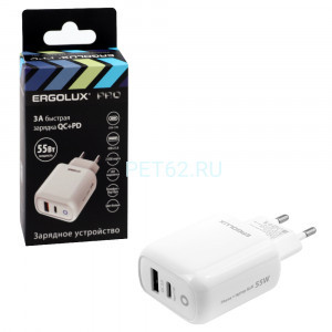 Сетевой адаптер Ergolux ELX-РA03QC-C01 (Зарядка GaN 55 Вт,1USB+1Type C, 100-270В, 5V-20V/3А, QC, Белый)