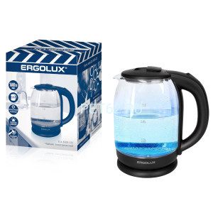 Чайник электрический Ergolux ELX-KG05-C02 черный ПРОМО (чайник стеклянный,1.8л, 220-240В, 1600 Вт)