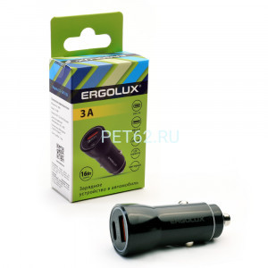 Автомобильный адаптер Ergolux ELX-CA01-C02 (Автомобильный адаптер 1USB+1Type C, 12В, 5V/3А, LED, Черный, Коробка)