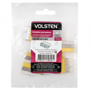 Клемма монтажная Volsten V02-9W-2273-205 (СМК, Строит-монт. клемма с пастой Cu/Pb 5 пр. до 2,5 мм, 24А, 450 В, 10 шт)