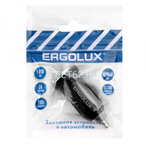 Автомобильный адаптер Ergolux ELX-CA01P-C02 ПРОМО (Автомобильный адаптер 1USB, 12В, 5V/2А, LED, Черный, Пакет )