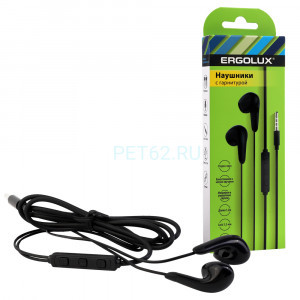 Наушники вкладыши с микрофоном проводные Ergolux ELX-WHP01-C02 (Наушники вкладыши с микрофоном проводные, 3.5мм, 1,2м, Черные, Коробка)