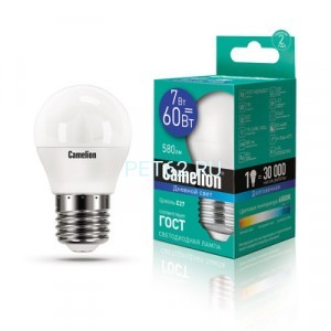 Светодиодная лампа  Camelion 7 вт LED7-Шарик (G45)/6500К/E27