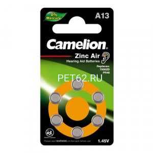  Батарейка Camelion ZA13 BL-6 Mercury FRee (A13-BP6(0%Hg), батарейка для слуховых аппаратов, 1.4 V,280mAh)