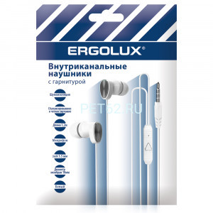 Наушники вакумные с микрофоном проводные Ergolux ELX-WHP02P-C01 ПРОМО (Наушники вакумные с микрофоном проводные, 3.5мм, 1,2м, Белые, Пакет)